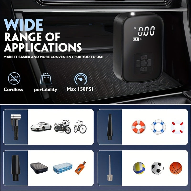 Portable Car Air Compressor - Wireless Handheld Tire Inflator with LED Light