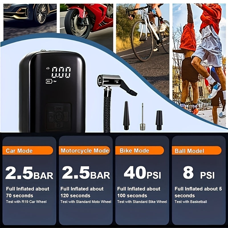 Portable Car Air Compressor - Wireless Handheld Tire Inflator with LED Light